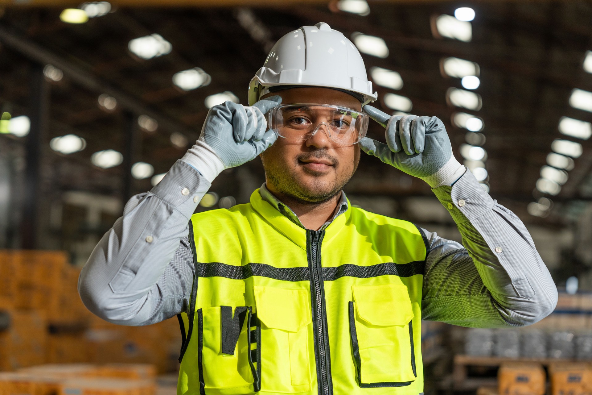Close up technician engineer wearing and adjust protective safety glasses. Safety equipment for industry factory. Safety at work concept.